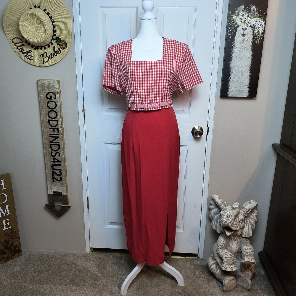 Vintage Sarah Richards Red Gingham Print  Prairie Maxi Dress Square Neck 9/10